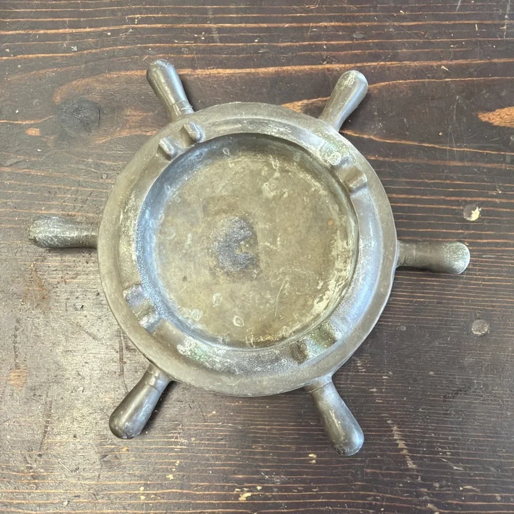 Solid Brass Ships Wheel Ashtray Tarnished